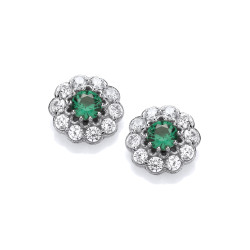 Cavendish French Silver and Emerald Cubic Zirconia Flower Earrings 5832E