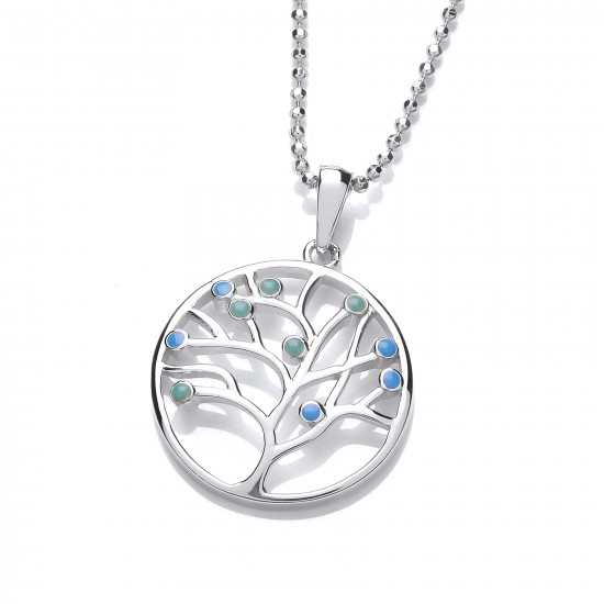 Cavendish French Silver and Blue Opalique Tree of Life Design Pendant and Chain 6674