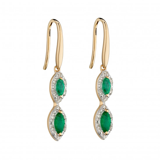 9ct Marquise Drop Emerald and Diamond Earrings in Yellow Gold GE2343G