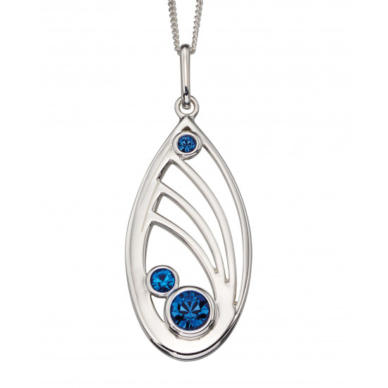 Silver Cutout Teardrop Pendant With Blue Crystals P4539L